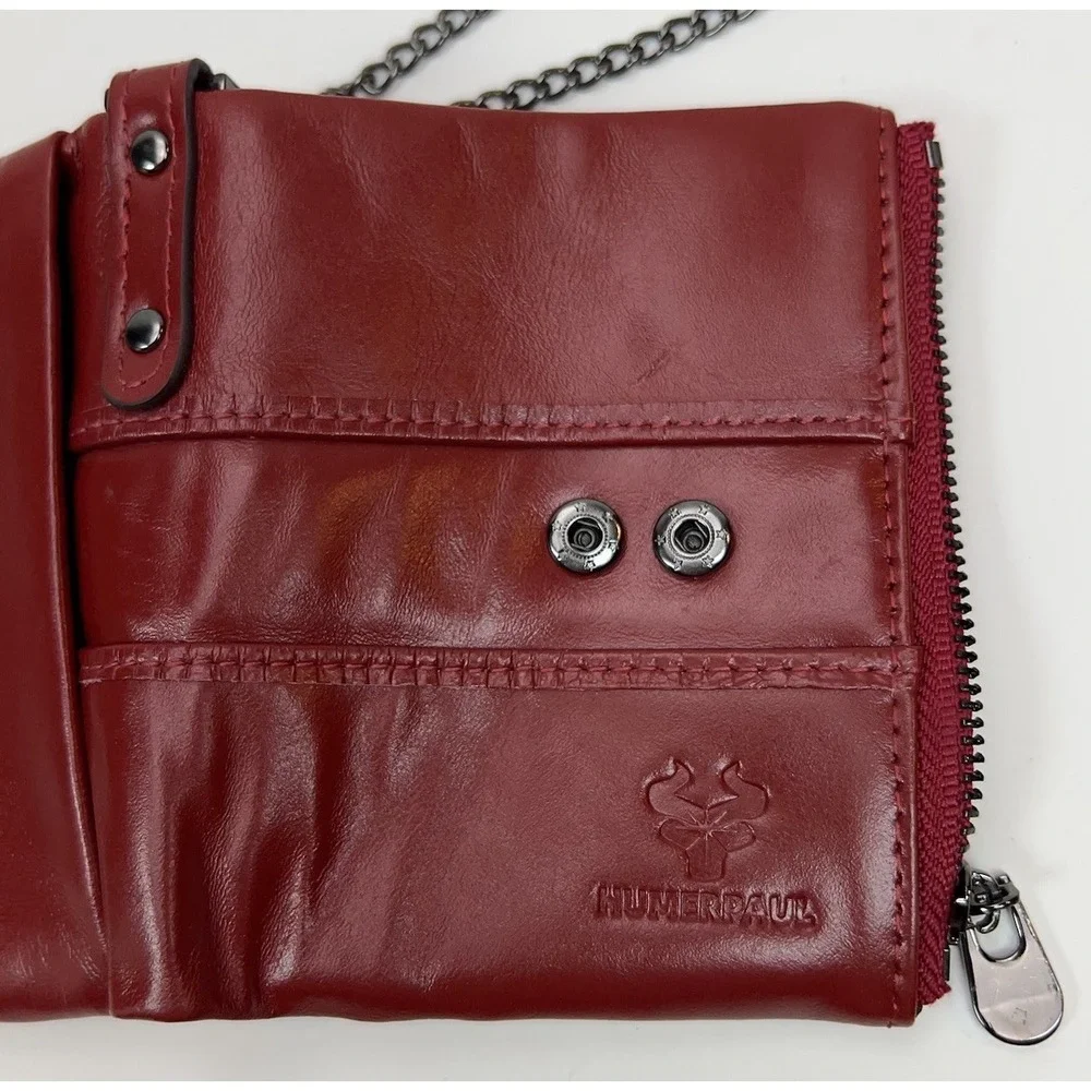 Humerpaul Leather Chain Wallet RFID Blocking Red Multi Card ID Snap Close Bifold